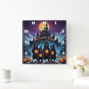 Halloween bears celebrate with jack-o'-lanterns square wall clock