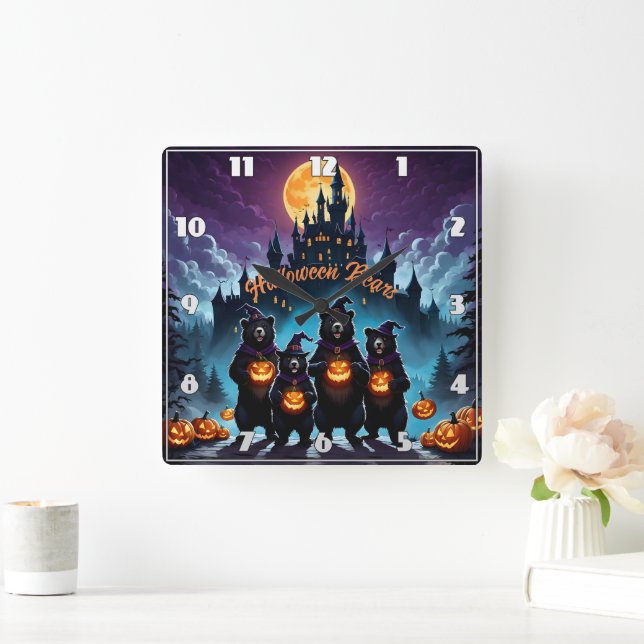 Halloween bears celebrate with jack-o'-lanterns square wall clock (Home)