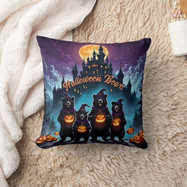 Halloween bears celebrate with jack-o'-lanterns throw pillow (Blanket)