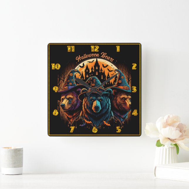 Halloween bears in hats celebrate! square wall clock (Home)