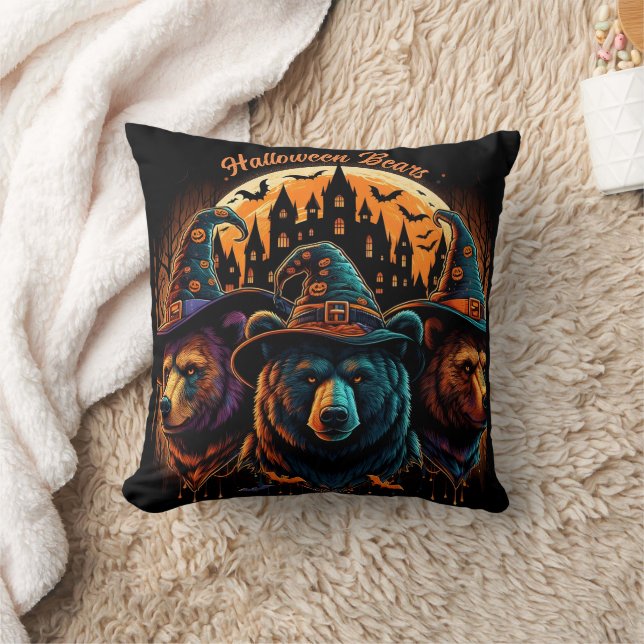 Halloween bears in hats celebrate! throw pillow (Blanket)