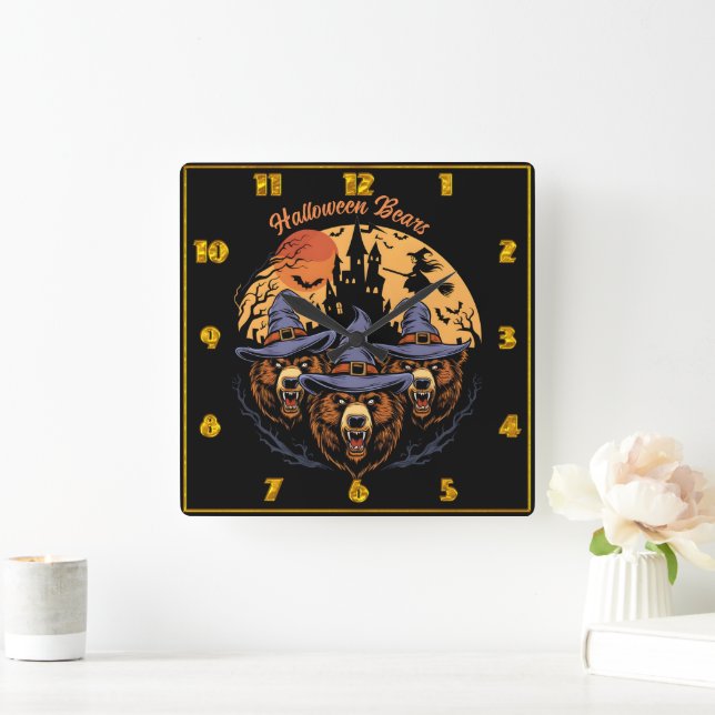 Halloween bears in witch hats at night square wall clock (Home)