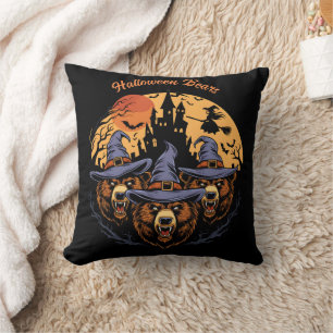Halloween bears in witch hats at night throw pillow