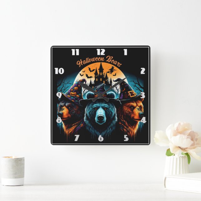 Halloween bears wearing spooky hats at night square wall clock (Home)