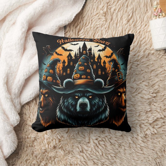 Halloween bears wearing spooky witch hats throw pillow (Blanket)