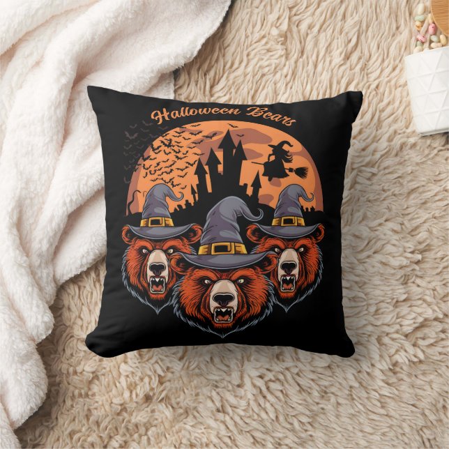 Halloween bears with witch and castle throw pillow (Blanket)