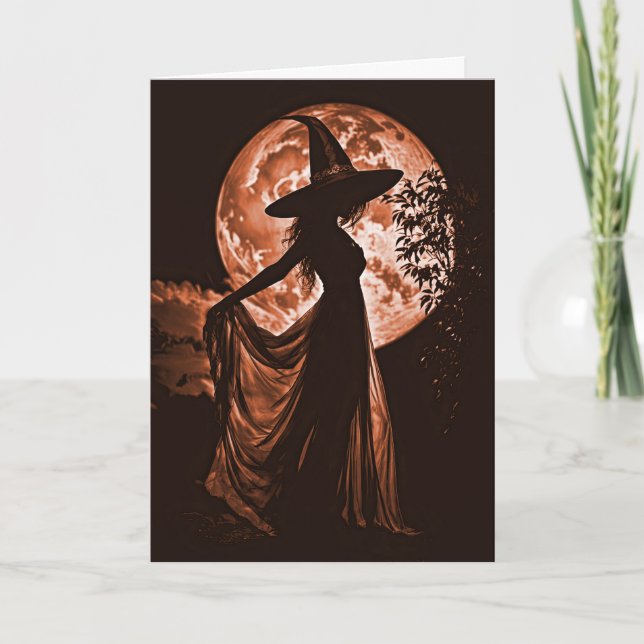 Halloween Beautiful Witch Silhouetted in Orange Card (Front)