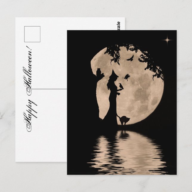 Halloween Beautiful Witch with Familiars Postcard (Front/Back)