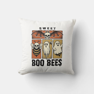 Halloween Bee Pun Vintage Engraving Ghost Bee Shir Throw Pillow