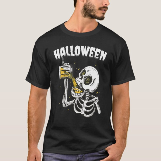 Halloween Beer Drinking Skeleton T-Shirt (Front)