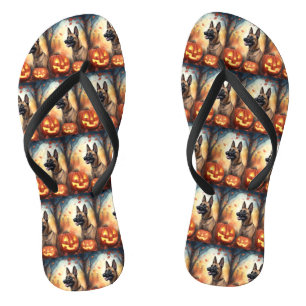 Halloween Belgian Malinoi With Pumpkins Scary Flip Flops