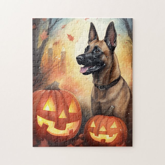 Halloween Belgian Malinoi With Pumpkins Scary Jigsaw Puzzle (Vertical)