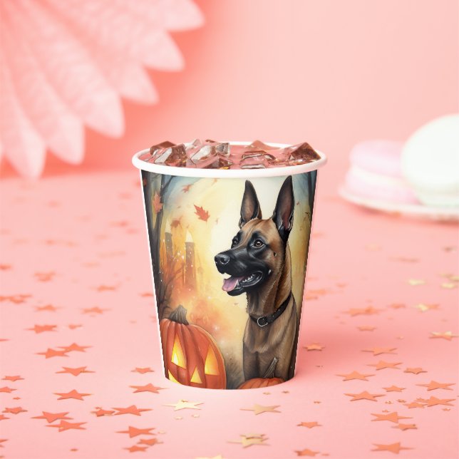 Halloween Belgian Malinoi With Pumpkins Scary Paper Cups (Insitu)