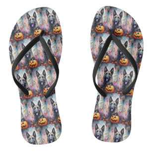 Halloween Belgian Shepherd  With Pumpkins Scary  Flip Flops