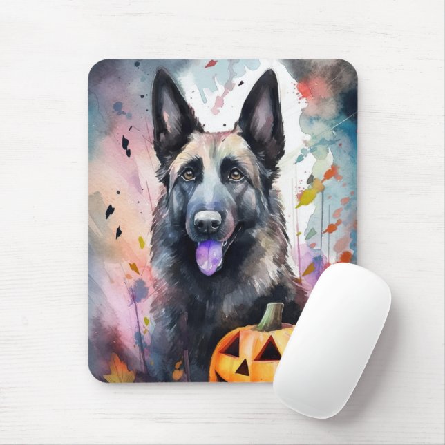 Halloween Belgian Shepherd  With Pumpkins Scary Mouse Pad (With Mouse)