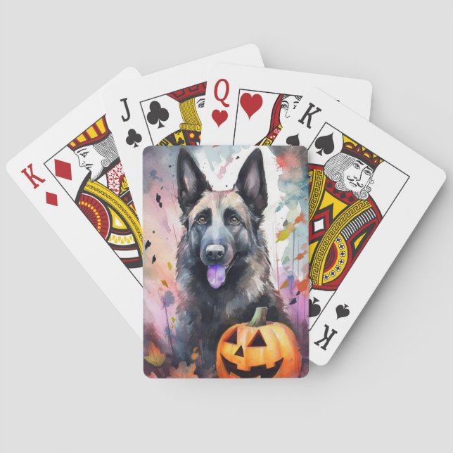 Halloween Belgian Shepherd  With Pumpkins Scary Playing Cards (Back)