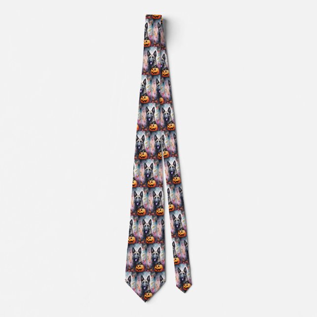 Halloween Belgian Shepherd  With Pumpkins Scary Tie (Front)