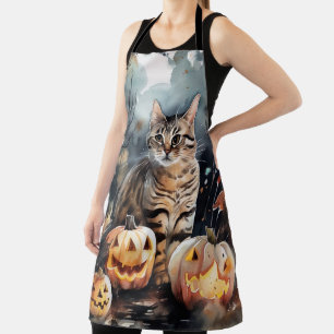 Halloween Bengal Cat With Pumpkins Scary Apron
