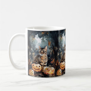 Halloween Bengal Cat With Pumpkins Scary Coffee Mug