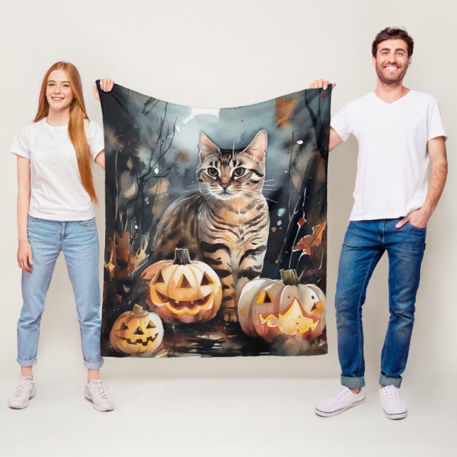 Halloween Bengal Cat With Pumpkins Scary Fleece Blanket (In Situ)