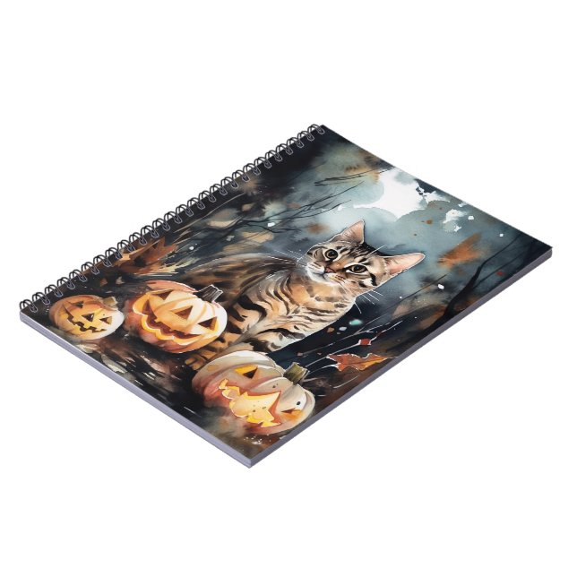 Halloween Bengal Cat With Pumpkins Scary Notebook (Left Side)