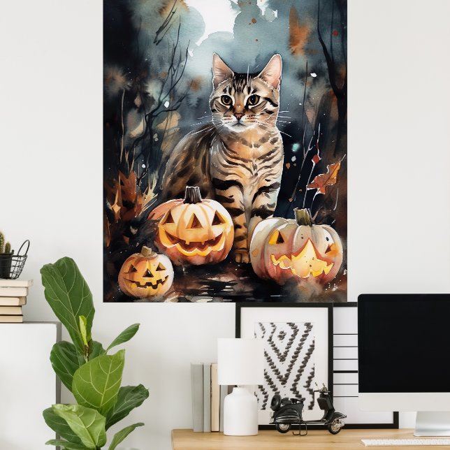 Halloween Bengal Cat With Pumpkins Scary Poster (Home Office)