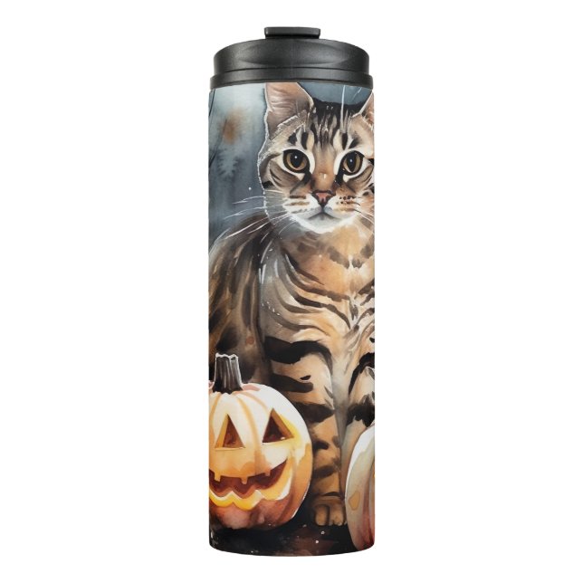Halloween Bengal Cat With Pumpkins Scary Thermal Tumbler (Front)