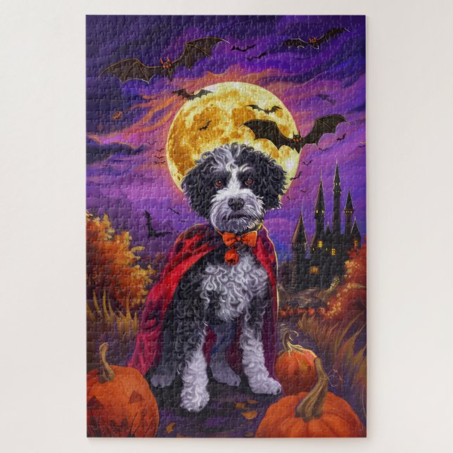 Halloween Bernedoodle Dog Pumpkins Scary Jigsaw Puzzle (Vertical)