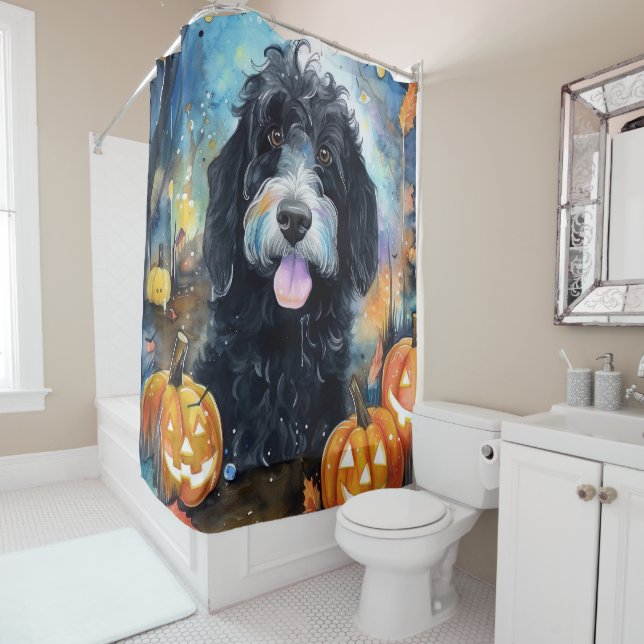 Halloween Bernedoodle With Pumpkins Scary (In Situ)