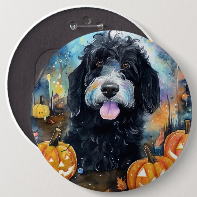 Halloween Bernedoodle With Pumpkins Scary 6 Inch Round Button (Front & Back)