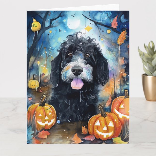 Halloween Bernedoodle With Pumpkins Scary Card (Small Plant)