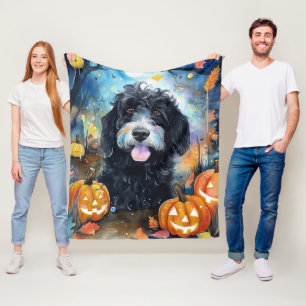 Halloween Bernedoodle With Pumpkins Scary Fleece Blanket
