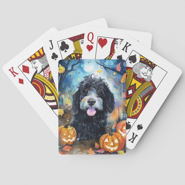 Halloween Bernedoodle With Pumpkins Scary Playing Cards (Back)