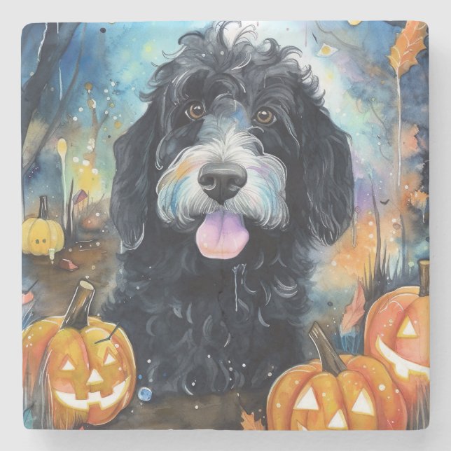 Halloween Bernedoodle With Pumpkins Scary Stone Coaster (Front)