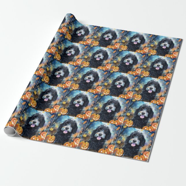 Halloween Bernedoodle With Pumpkins Scary Wrapping Paper (Unrolled)