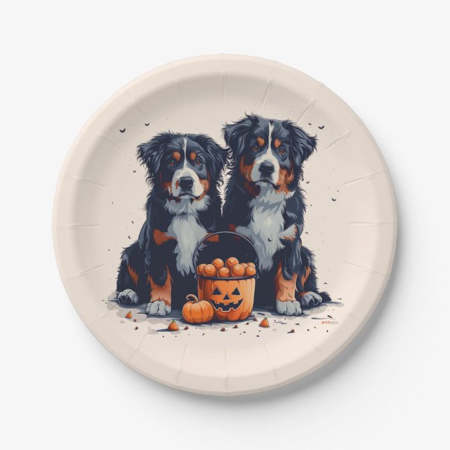Halloween Bernese Mountain Dogs Pumpkin Paper Plate (Front)