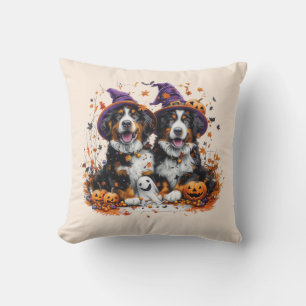 Halloween Bernese Mountain Dogs Witch Ghost Throw Pillow