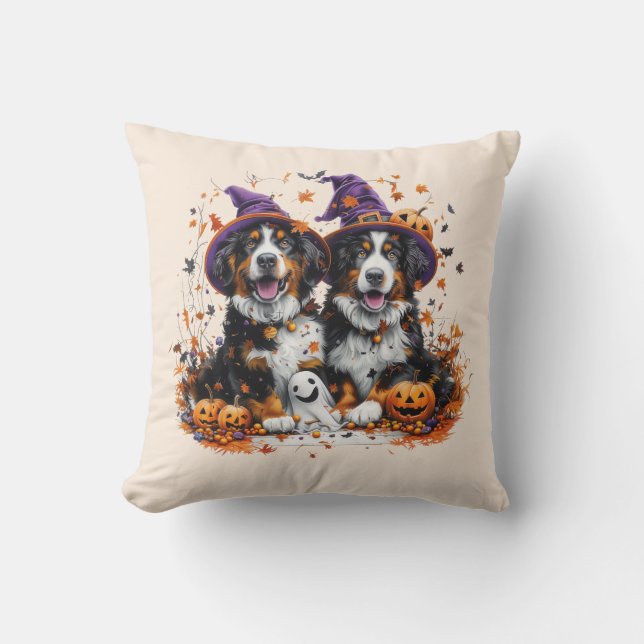 Halloween Bernese Mountain Dogs Witch Ghost Throw Pillow (Front)