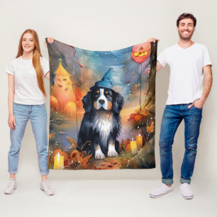 Halloween Bernese Mountain With Pumpkins Scary Fleece Blanket