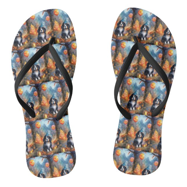 Halloween Bernese Mountain With Pumpkins Scary  Flip Flops (Footbed)
