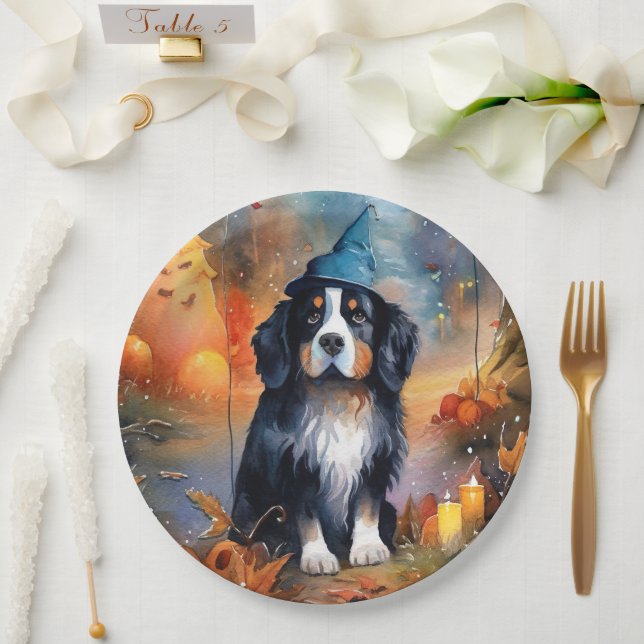 Halloween Bernese Mountain With Pumpkins Scary Paper Plate (Wedding)