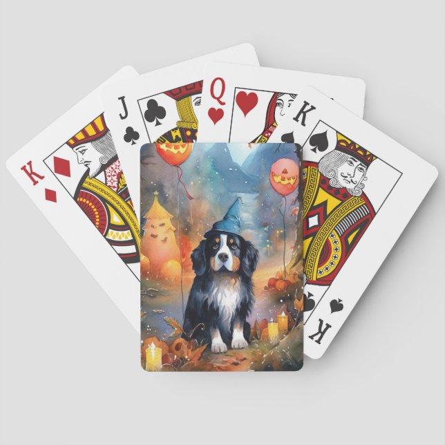 Halloween Bernese Mountain With Pumpkins Scary Playing Cards (Back)
