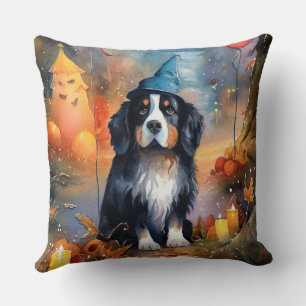 Halloween Bernese Mountain With Pumpkins Scary  Throw Pillow