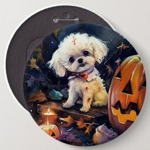 Halloween Bichon Frise With Pumpkins Scary 6 Inch Round Button