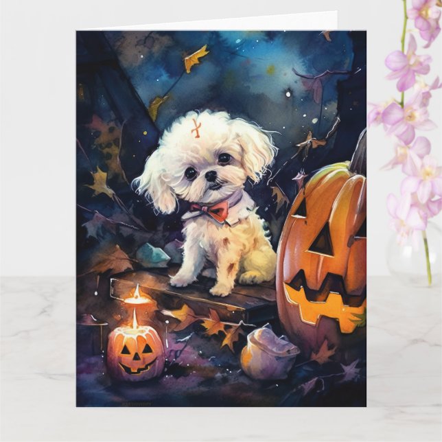 Halloween Bichon Frise With Pumpkins Scary Card (Orchid)