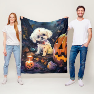 Halloween Bichon Frise With Pumpkins Scary Fleece Blanket