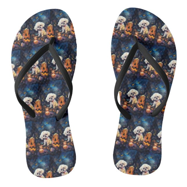 Halloween Bichon Frise With Pumpkins Scary Flip Flops (Footbed)