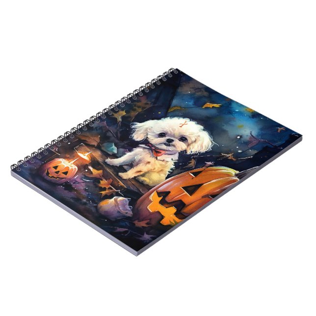 Halloween Bichon Frise With Pumpkins Scary Notebook (Left Side)