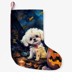 Halloween Bichon Frise With Pumpkins Scary  Small Christmas Stocking