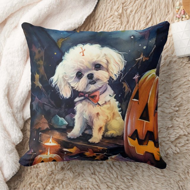 Halloween Bichon Frise With Pumpkins Scary  Throw Pillow (Blanket)
